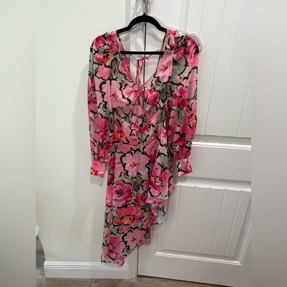 NWT For Love & Lemons Tiana Printed Flowy Ruffles Sheer Tie Front Midi Dress - S - Picture 7 of 9